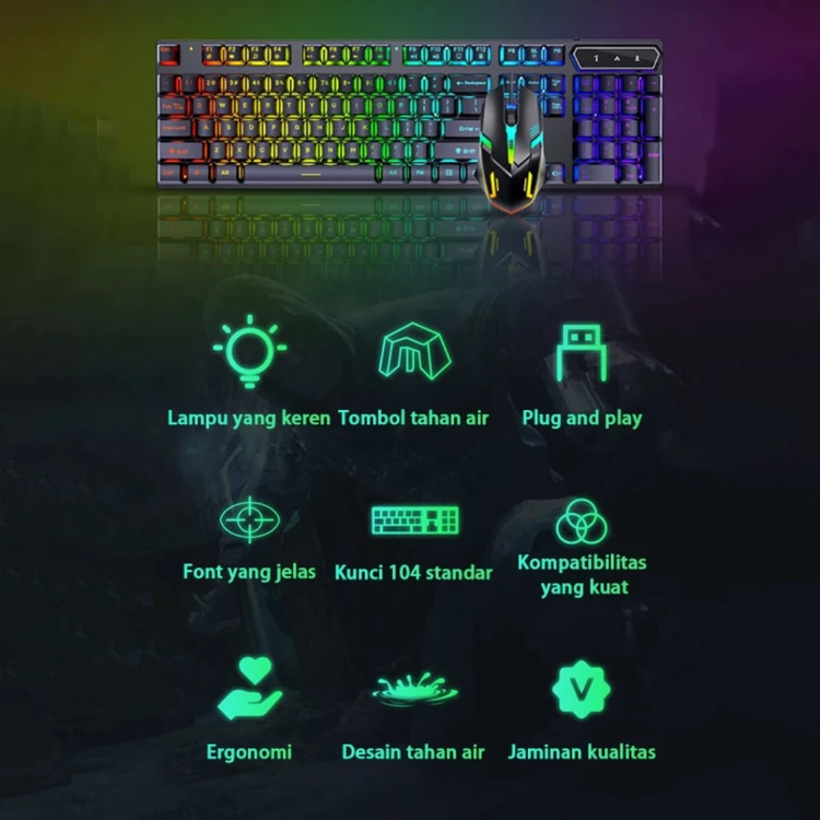 MK T-350 BLACK - Set Keyboard & Mause Gaming Full RGB LED Blacklist Semi Mechanica USB Kabel
